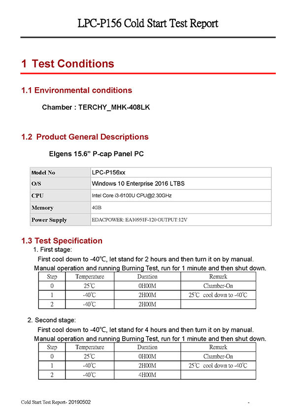 LPC-P156 Güç Açık -40C test raporu