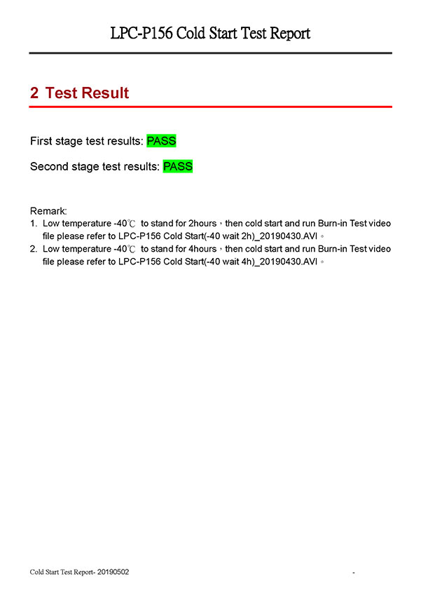 LPC-P156 Güç Açık -40C test raporu